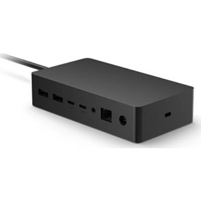 Black docking station with multiple ports, including USB, HDMI and Ethernet, for connecting devices and peripherals.