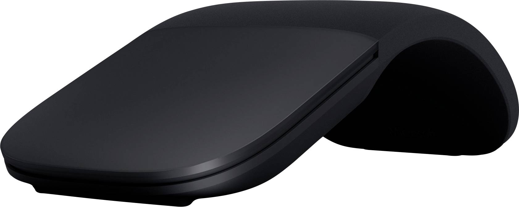 Black, curved computer mouse with a smooth surface. It is designed in a futuristic style without visible buttons or scroll wheel.