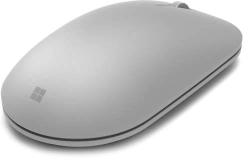 A modern, grey computer mouse with a minimalist design and a small logo on the left side.