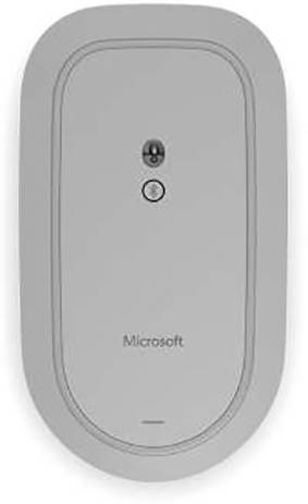 Grey computer mouse viewed from above with two buttons and a central scroll wheel, with the 'Microsoft' logo underneath.