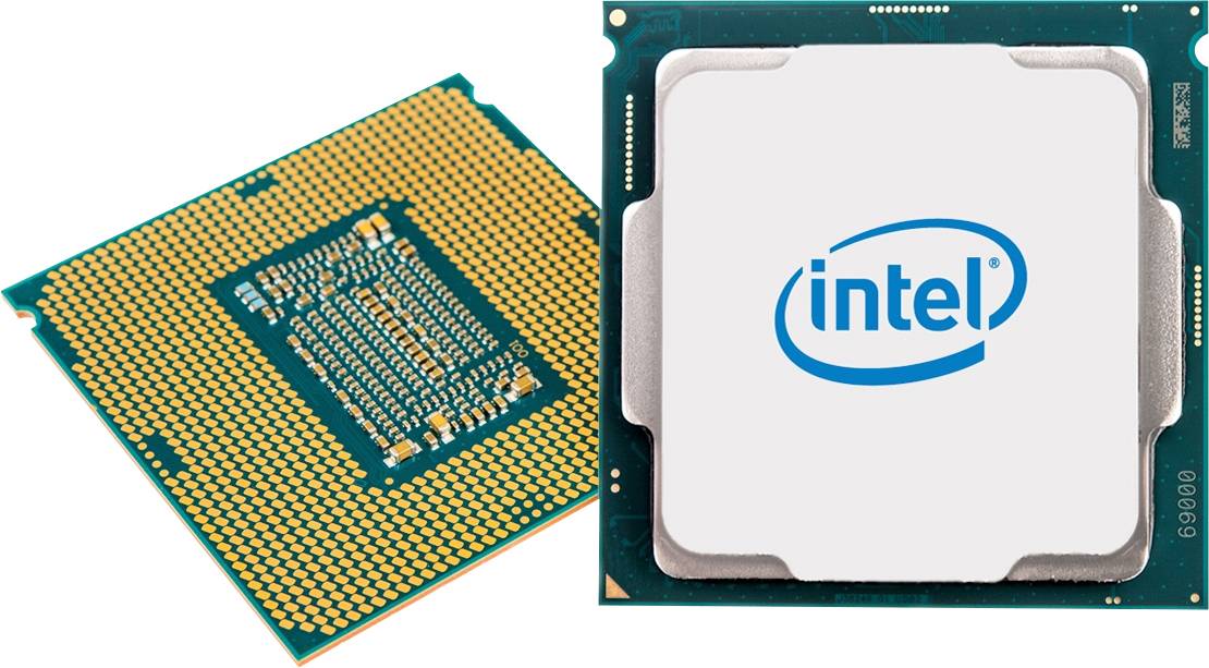 Two computer processors, one showing the pins on the back, the other the front side with the 'Intel' logo, on a white background.
