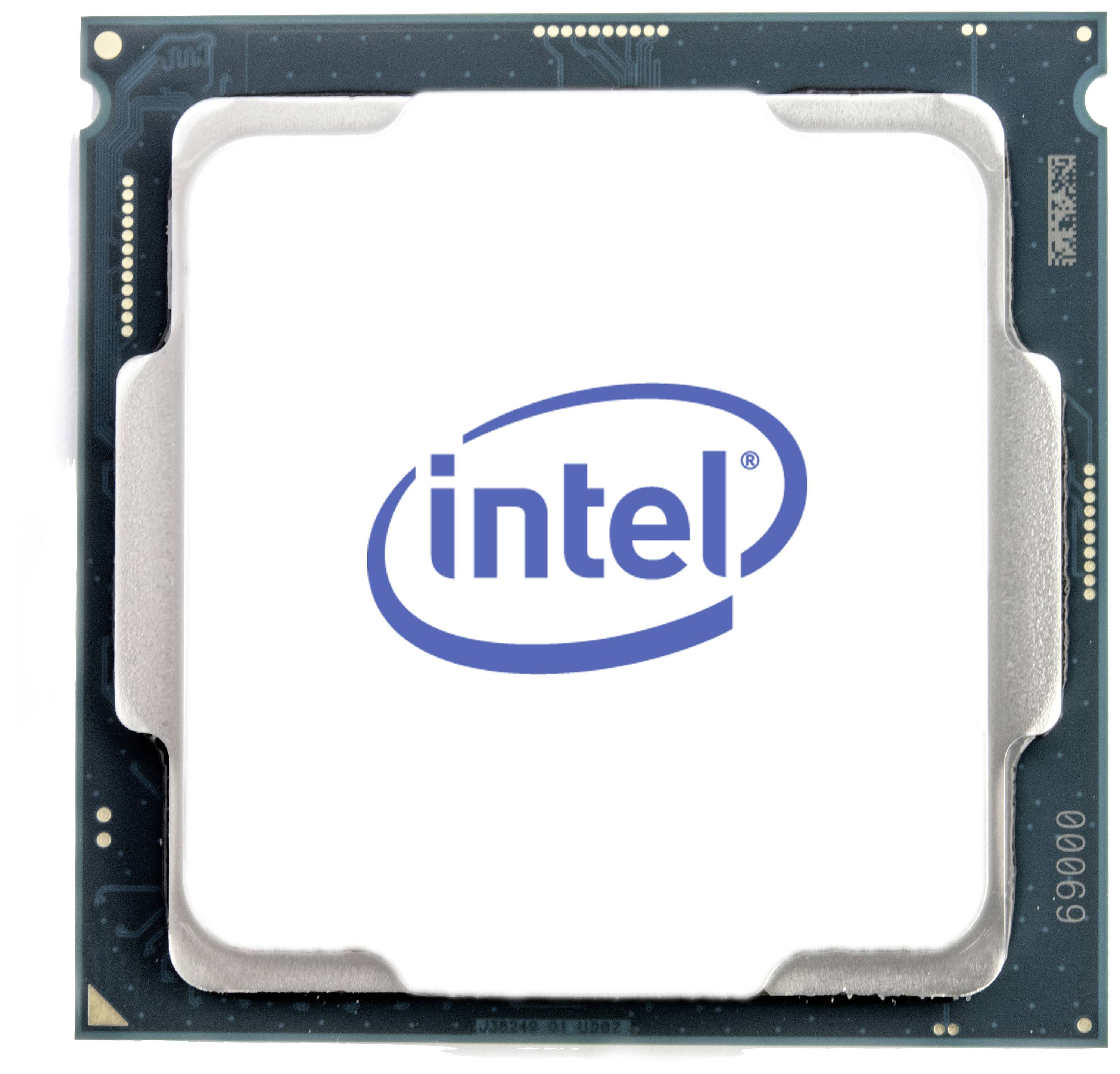 Intel processor with blue logo on a square CPU, showcasing technological product design.
