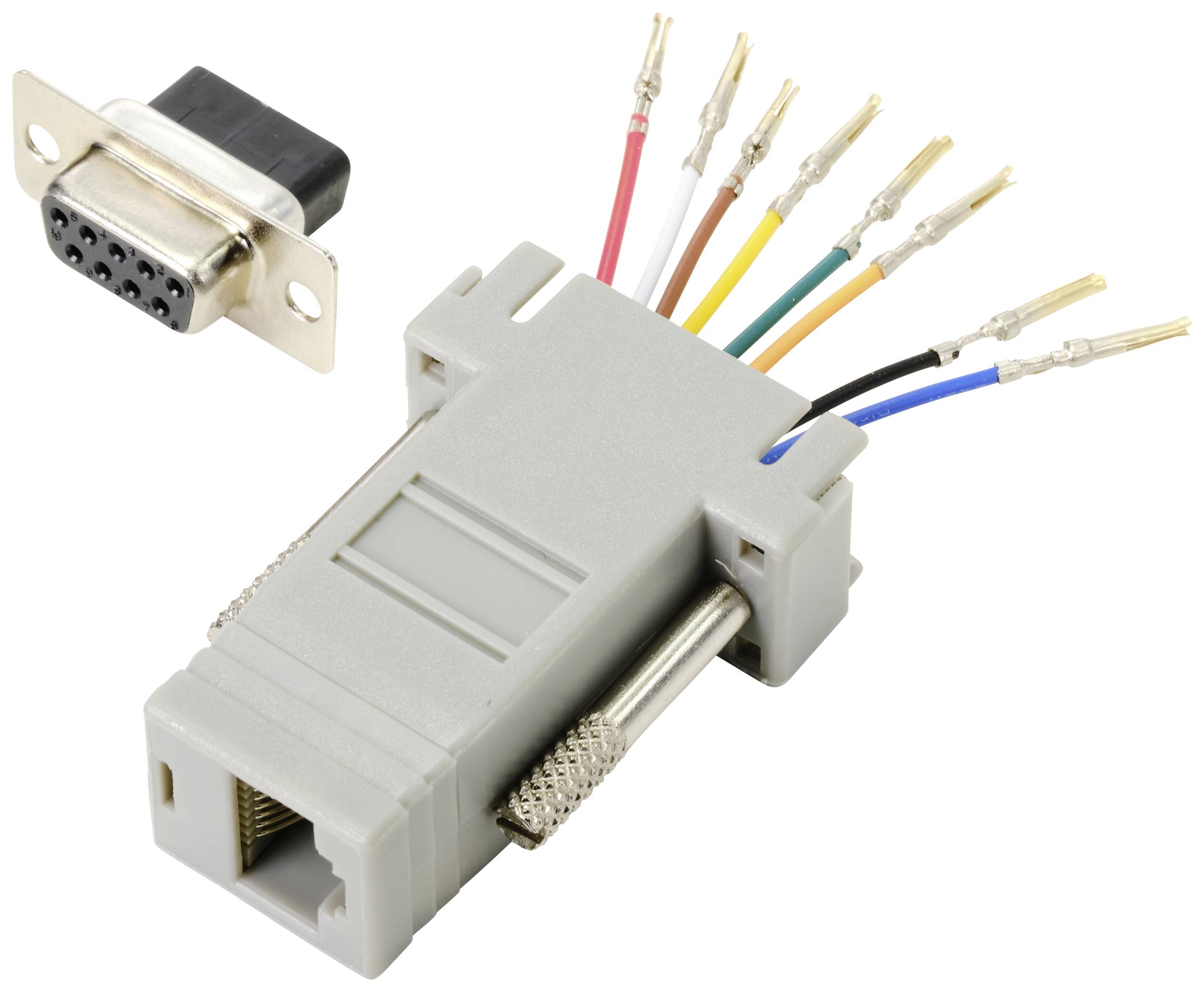 DB9 adapter connected with loose cable harness and RJ45 socket, used to connect serial and Ethernet connections.