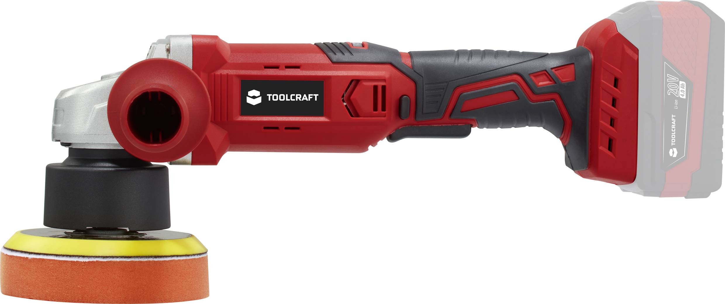 Battery polishing machine in red and black with a rotating polishing attachment, marked with 'TOOLCRAFT', holding a worn, orange polishing disc.