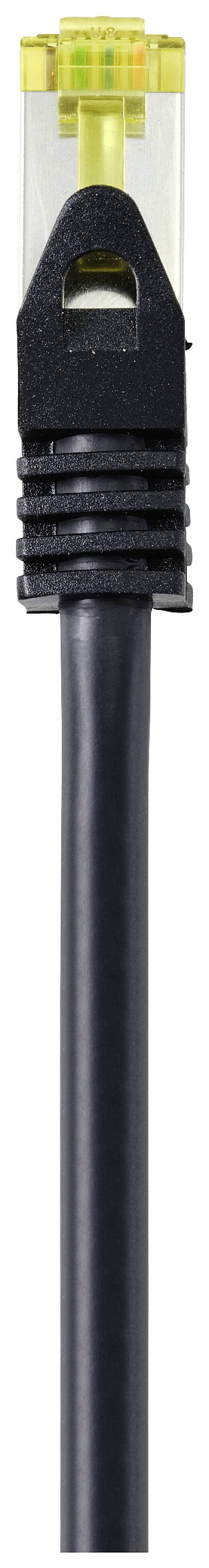 A black Ethernet cable with RJ45 connectors, commonly used for internet connection in computer networks.