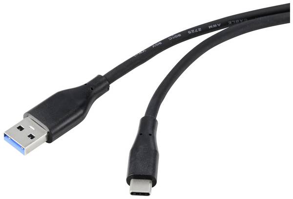 Renkforce USB cable USB 3.2 1st Gen USB-A plug, USB-C® plug 1.00 m Black PVC coating, highly flexible RF-4995172