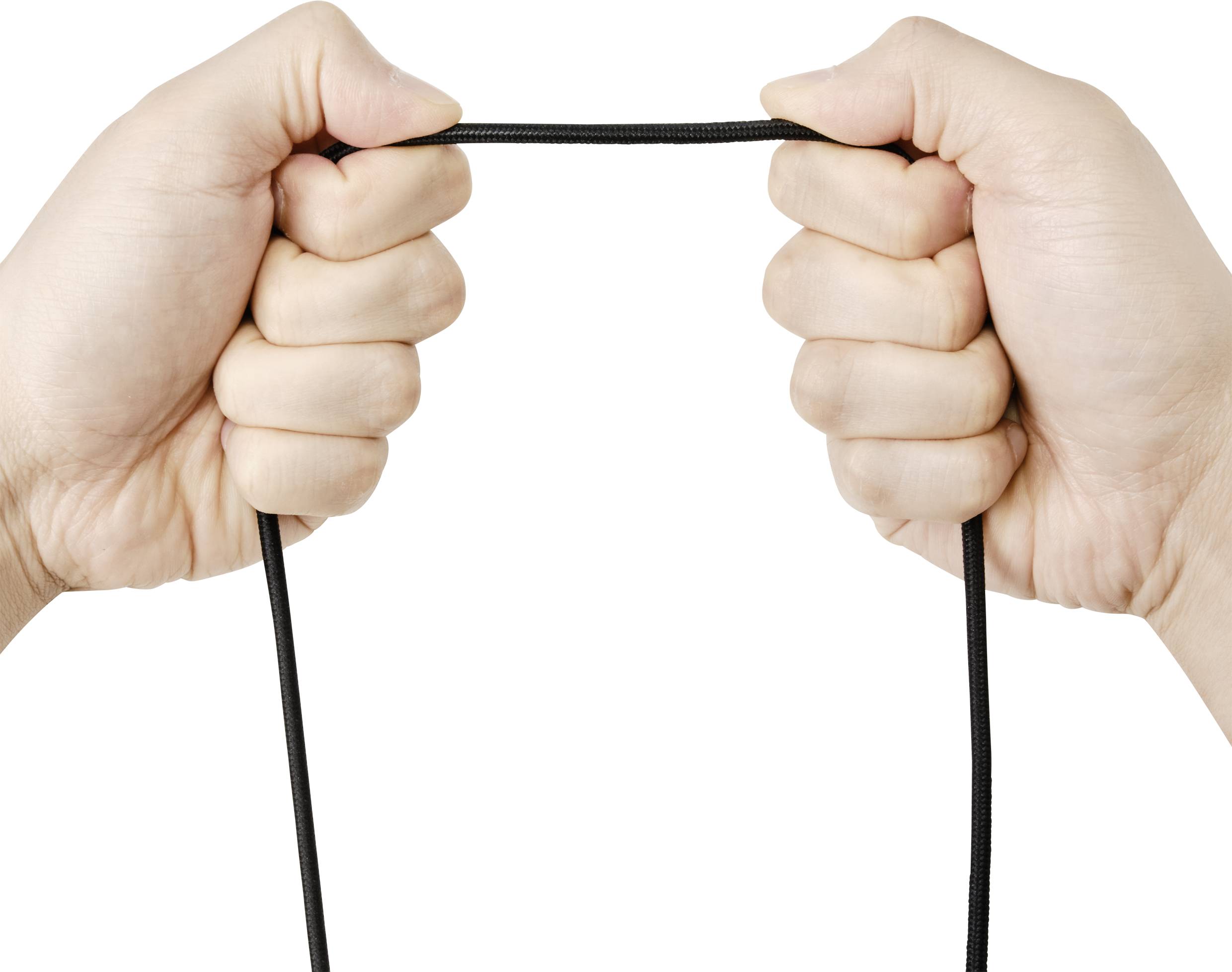 Hands are holding a black rope taut.