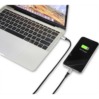A laptop is charging a smartphone via a USB cable, with the smartphone displaying '76% charged' on the screen.