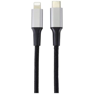 A black braided cable terminates on one end with a Lightning connector and on the other end with a USB-C connector.