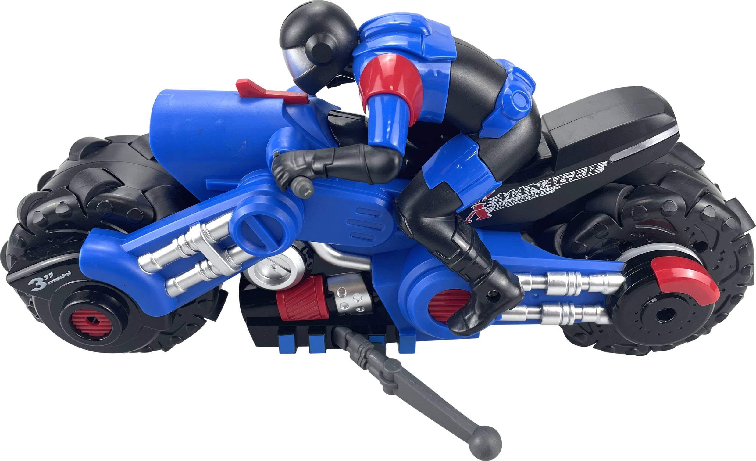 A blue and black toy motorbike with a rider figure in racing position. The motorbike has large tyres.