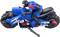 A blue and black toy motorbike with a rider figure in racing position. The motorbike has large tyres.
