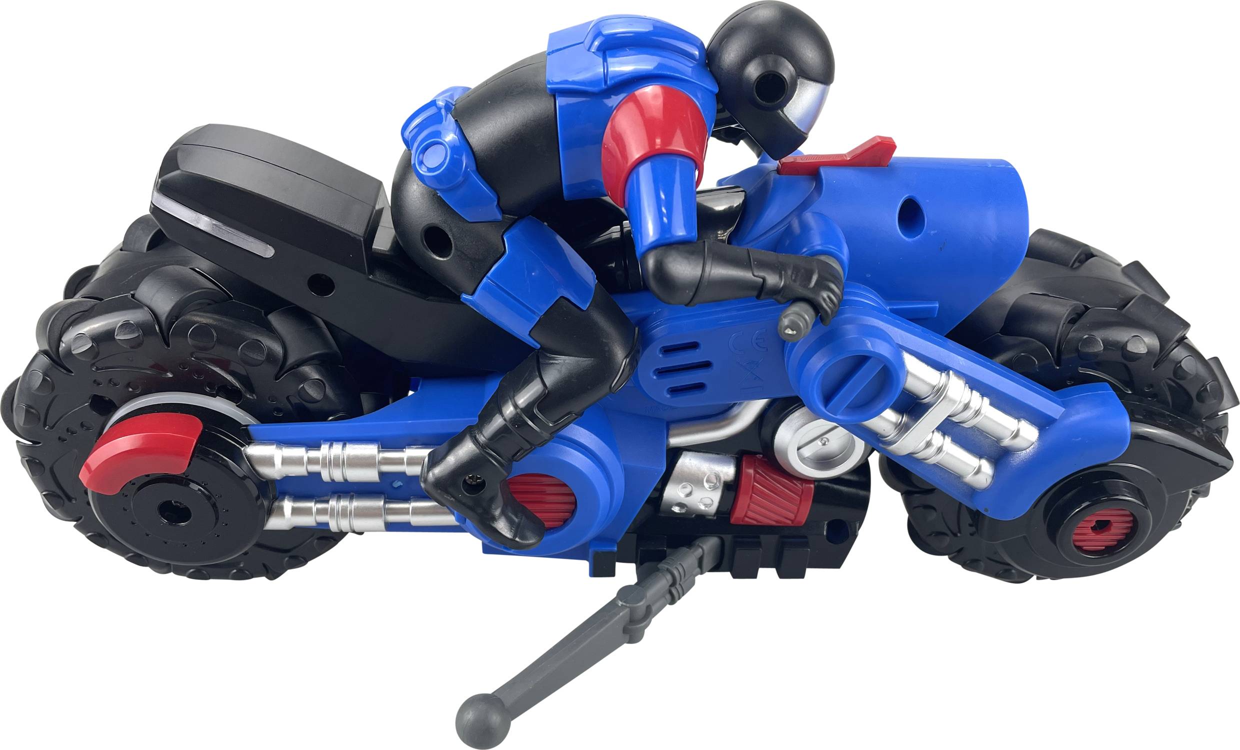 Toy motorcycle with wheels made from black and blue plastic components and a figure wearing blue and black equipment.