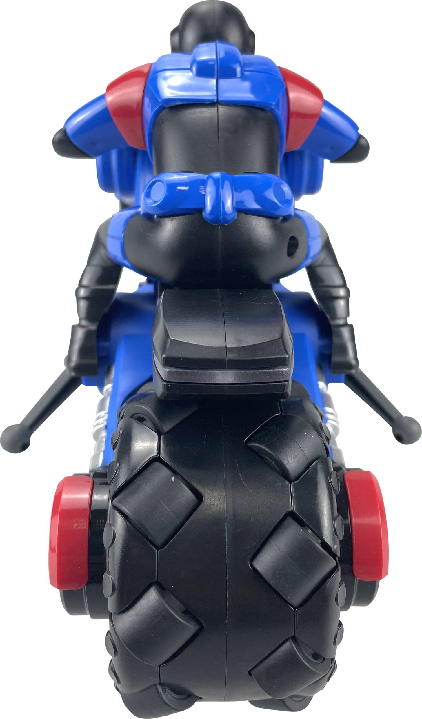 A blue toy motorbike with a black seat and red accents, viewed from behind, stands upright on two wheels.