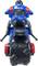 A blue toy motorbike with a black seat and red accents, viewed from behind, stands upright on two wheels.