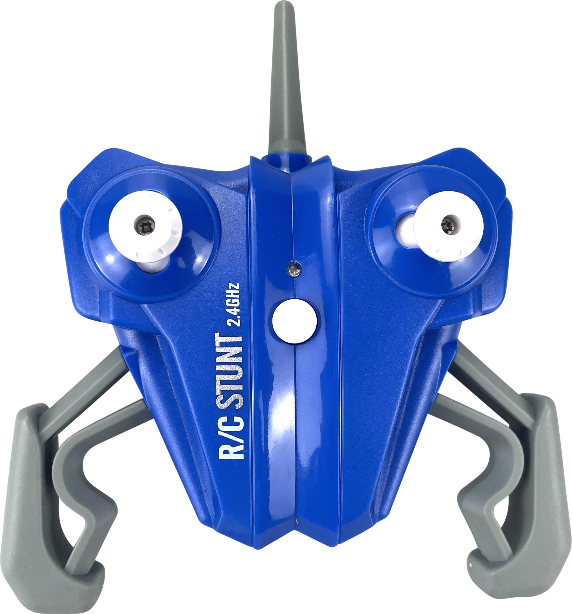 Blue R/C stunt controller with grey handles. '2.4 GHz' written on the front, two white joysticks on top.