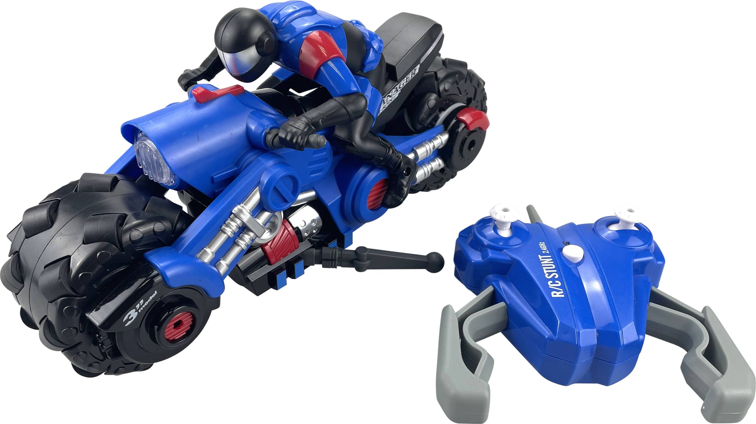 Toy motorbike in blue with a black figurine wearing protective clothing. Next to it, a matching toy in the form of a blue robot.
