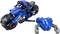 Toy motorbike in blue with a black figurine wearing protective clothing. Next to it, a matching toy in the form of a blue robot.