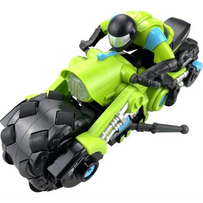 Toy motorbike in a vivid green, black and blue, featuring large wheels and a rider-like figure perched on top.