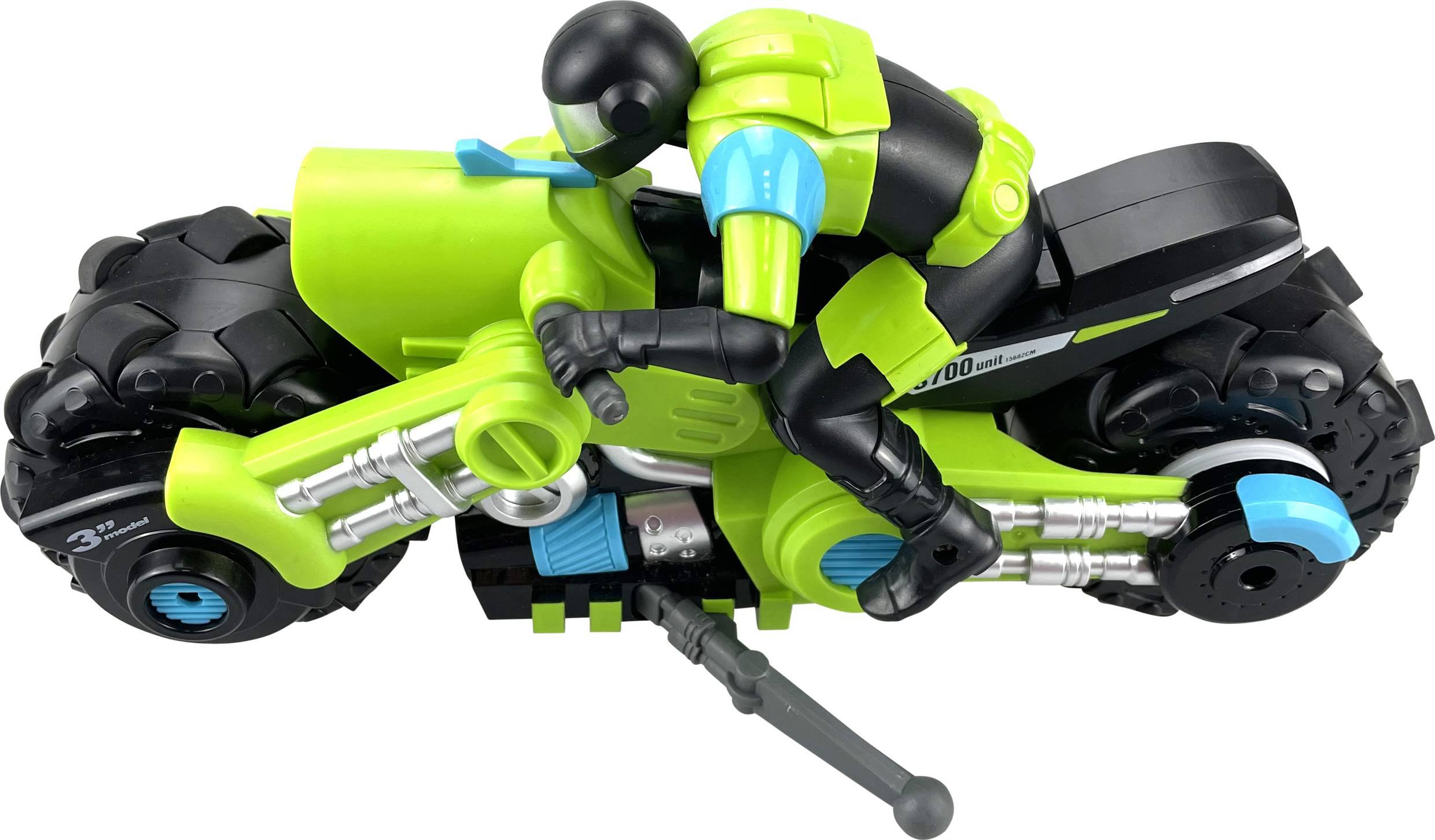 Toy robot figure on a green motorbike with black and blue accents, depicting speed or action.
