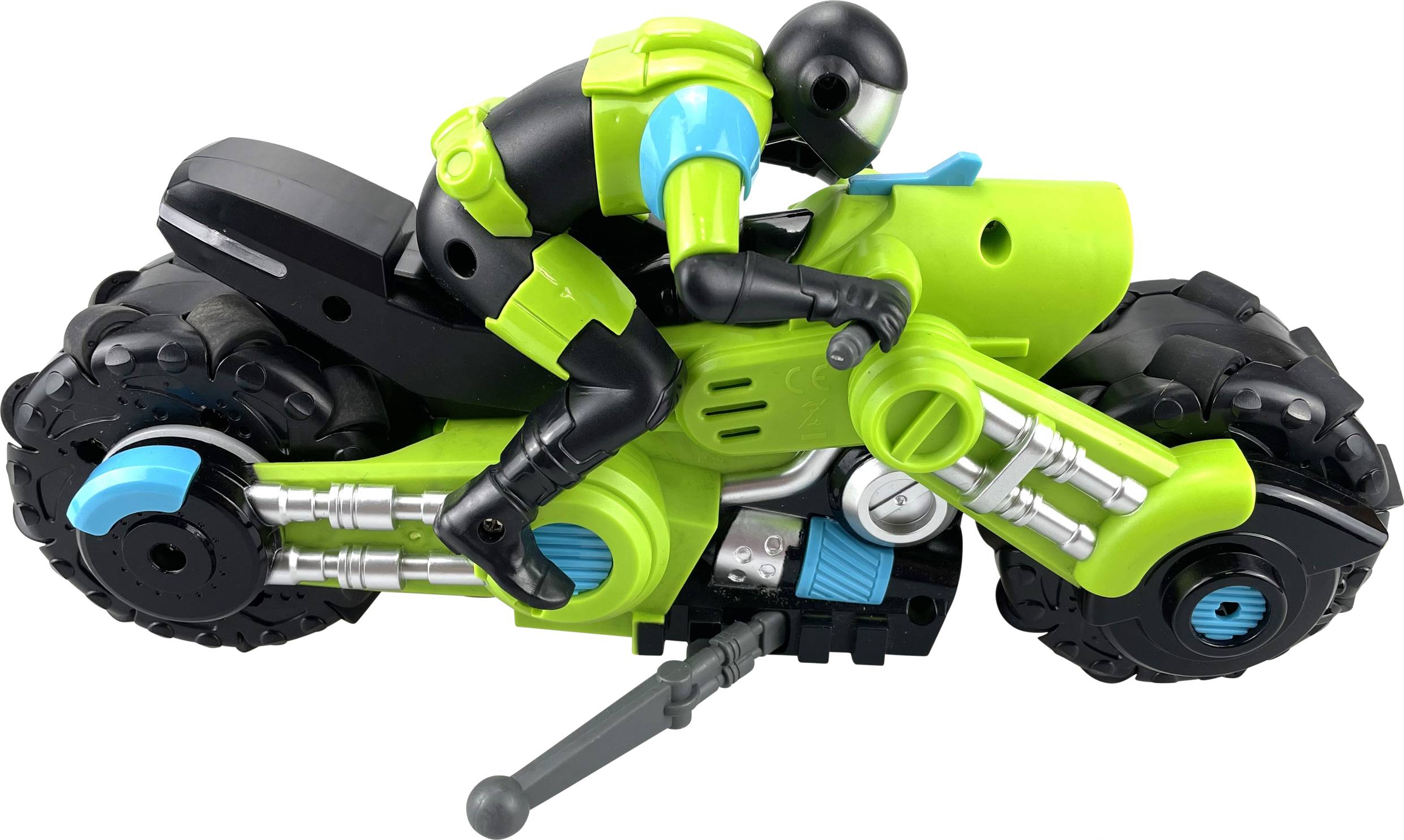 Action figure on a green toy motorbike, dressed in black and blue, in racing posture. Motorbike details: wide tyres, exceptional design.