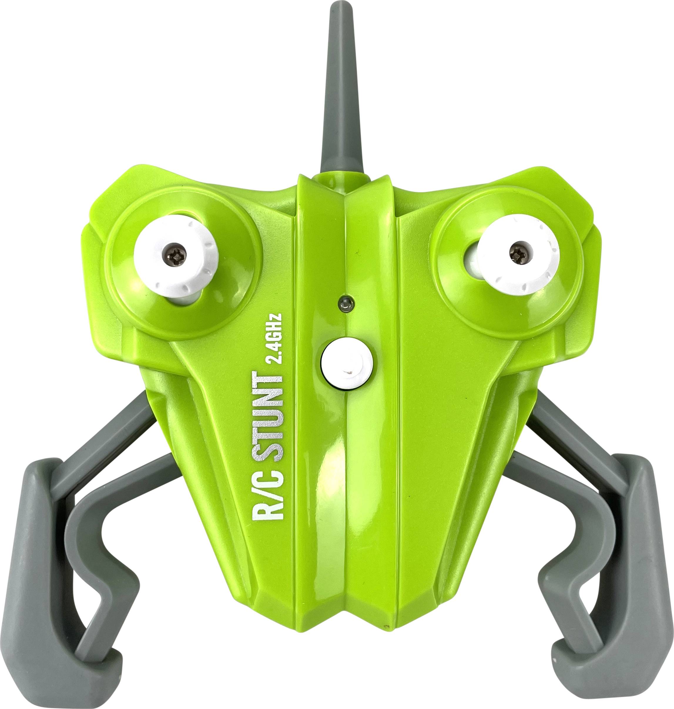 A green RC stunt drone casing with white propellers, an antenna, and grey mounting brackets, labelled 'R/C Stunt 2.4GHz'.