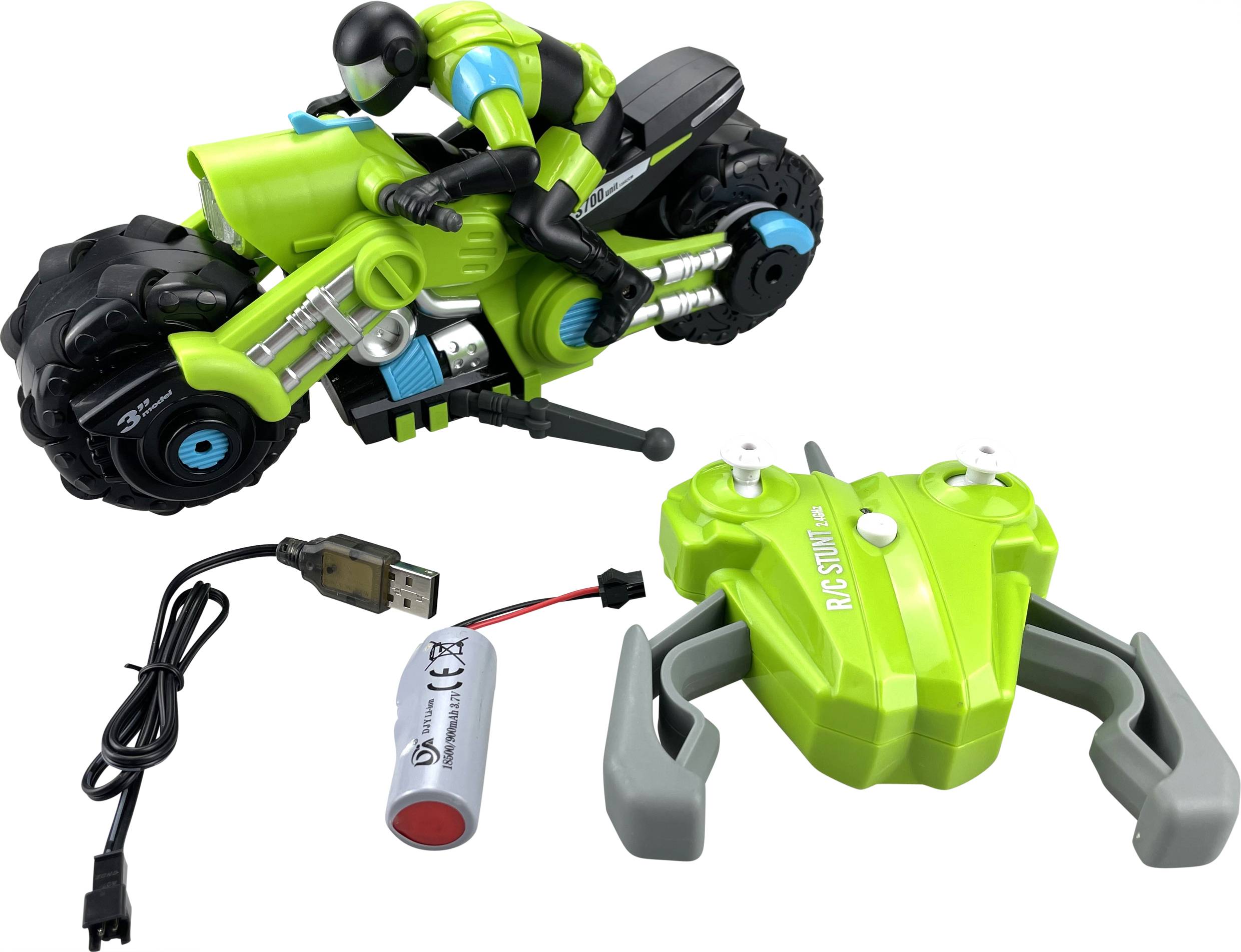 A remote-controlled green toy motorbike with rider and black design. Also includes remote control, USB cable and battery.