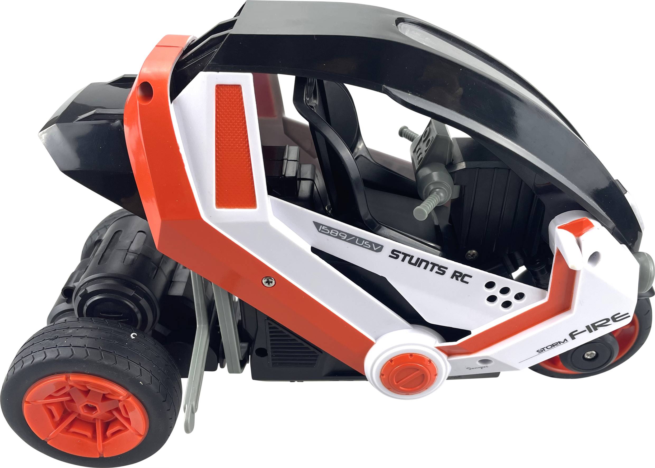 Remote-controlled three-wheeled toy car in Black, White and Red, with special stunt functions, by the Stunts RC brand.