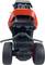 Rear view of a red and black toy motorbike with thick tyres.