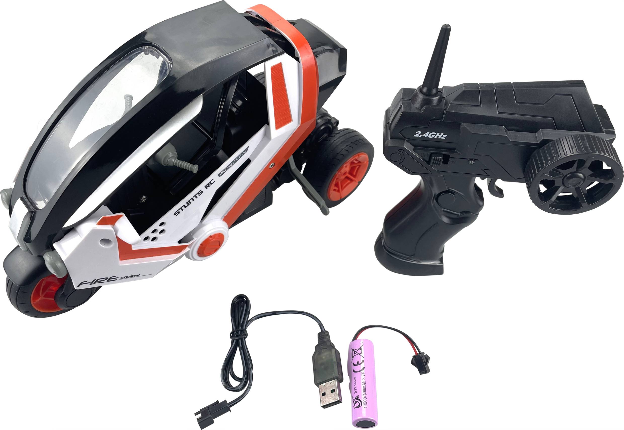 Remote-controlled toy car with charging cable and battery. Black and red body, USB cable in black, battery in pink.