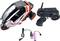 Remote-controlled toy car with charging cable and battery. Black and red body, USB cable in black, battery in pink.