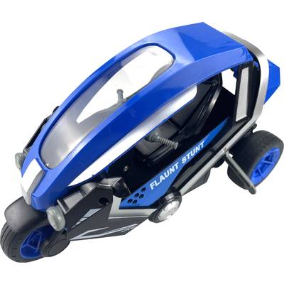 Toy motorcycle with a blue casing and the inscription 'Flaunt Stunt', displaying a futuristic design, with two wheels at the front and one at the back.