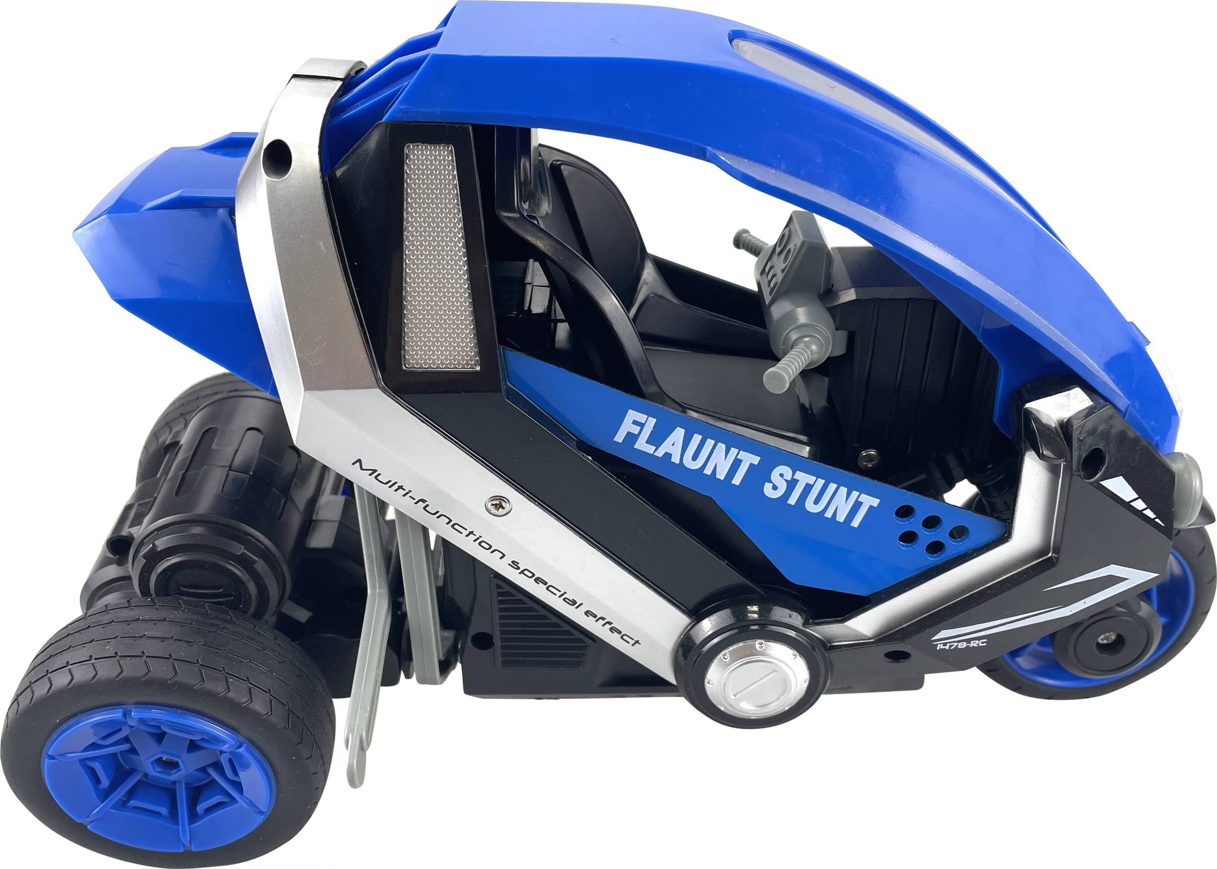 Blue-black toy car with three wheels and the print 'Flaunt Stunt' on the side. Urban design, modern and robust.