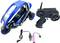 RC Car and Remote Control. Blue three-wheeled stunt car and black controller with charger and battery. Includes USB cable.