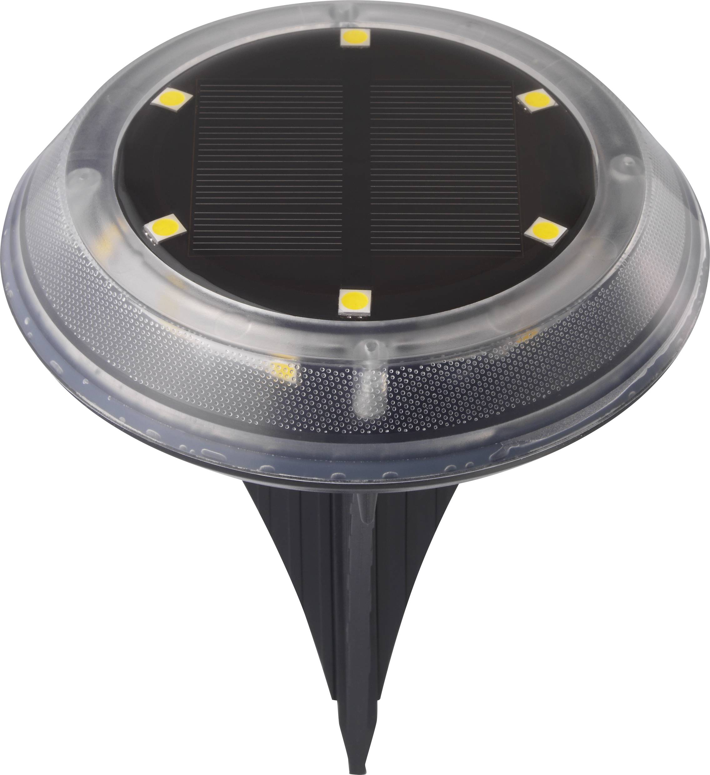Solar lamp with six LEDs and panel on the top surface, for outdoor lighting, mounted on a black ground spike.