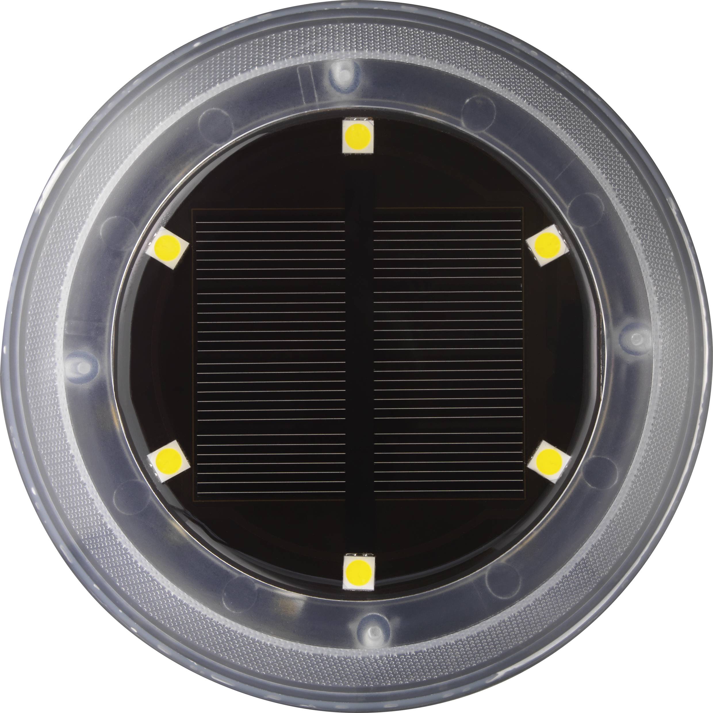 Round solar panel with six yellow LEDs along the edges.