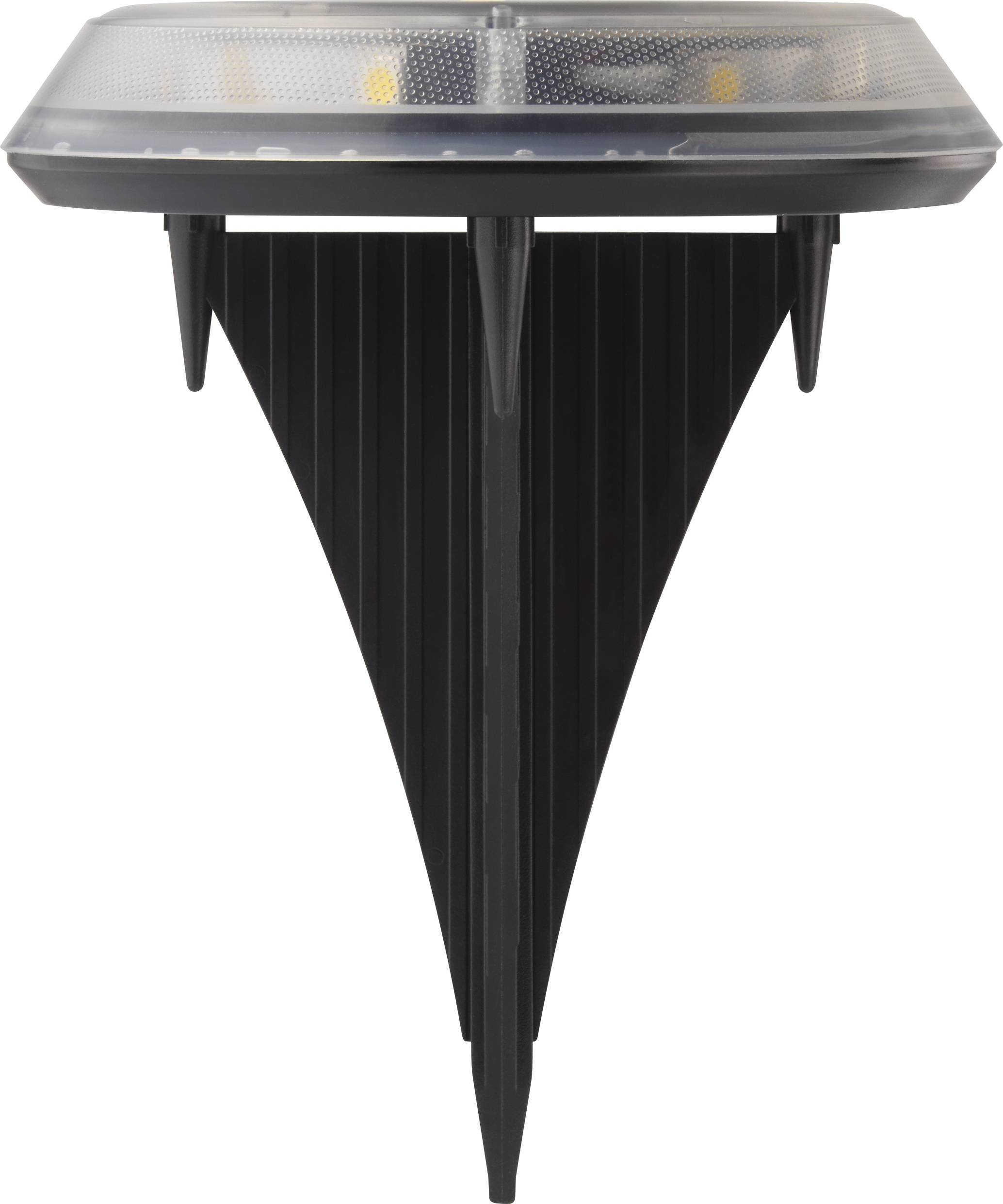 A tapered solar lamp with a black housing and transparent light head for outdoor use.