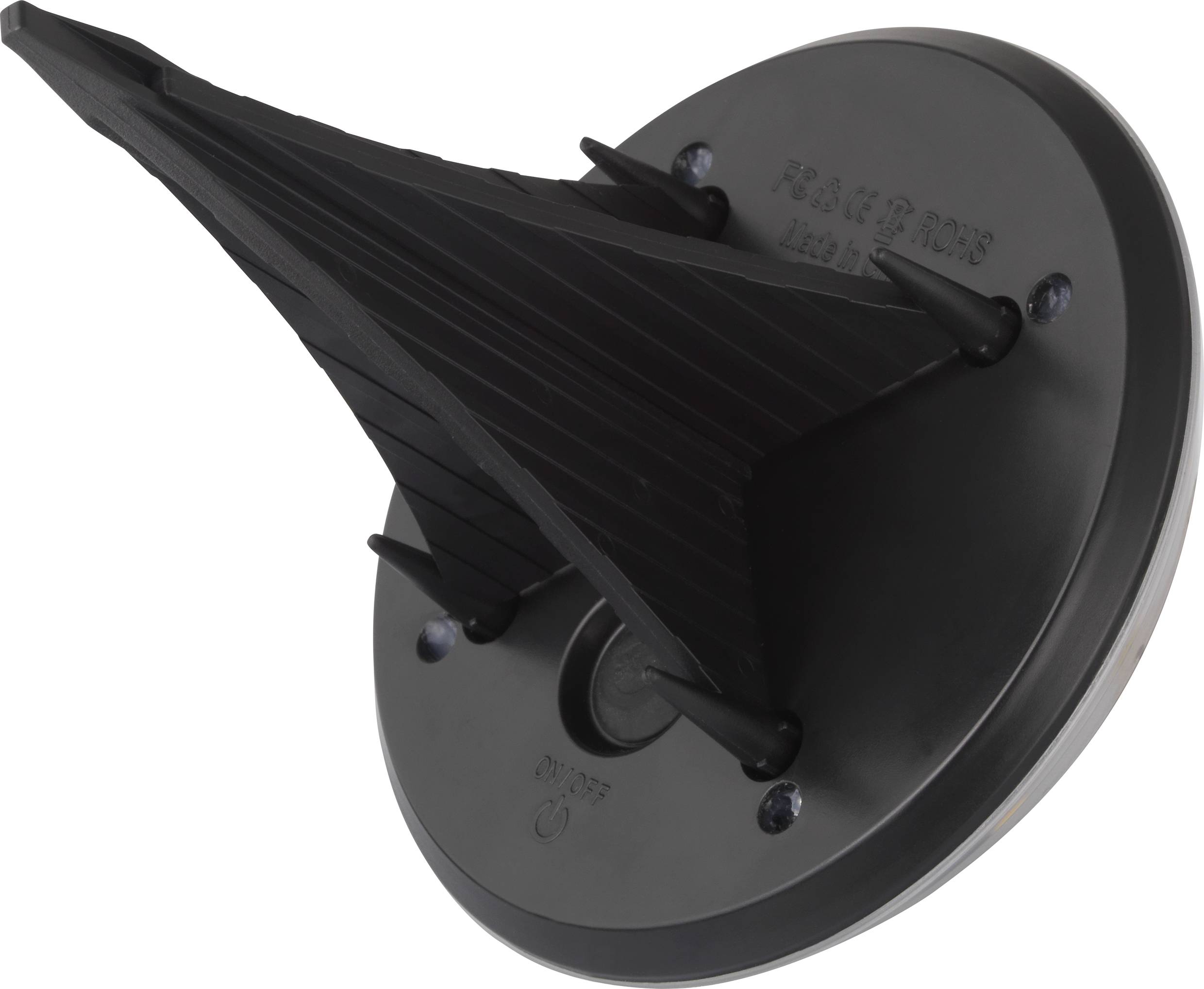 A black, cone-shaped object with a broad base, mounted on a round, metallic disc.