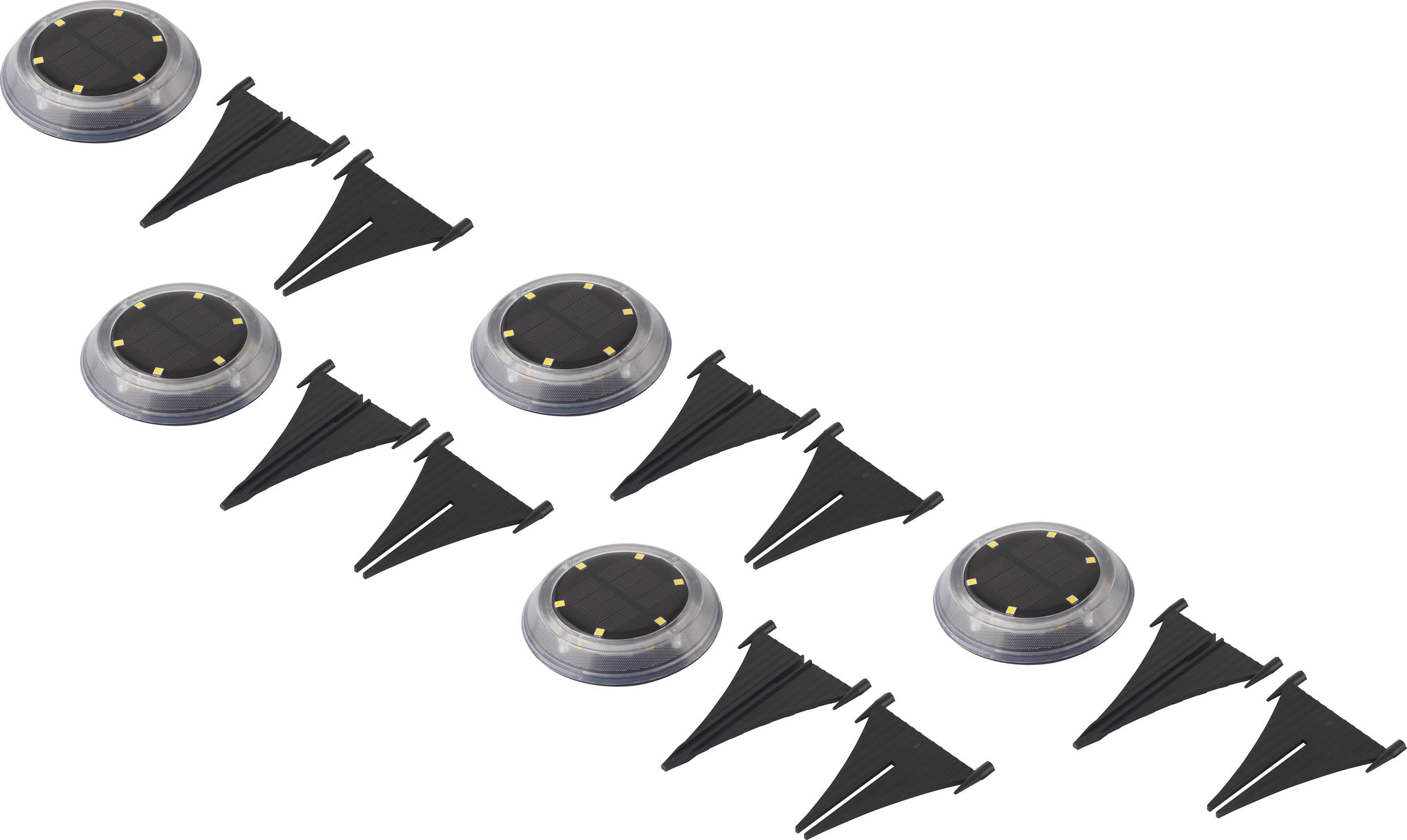 Six round solar lamps arranged in a line with black ground stakes.