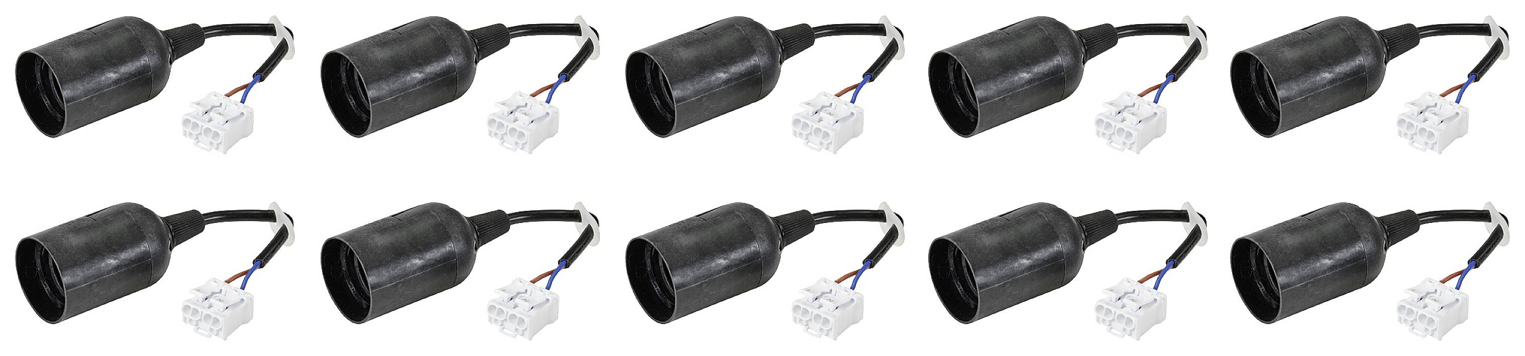Ten black, cylindrical socket adapters with cable ends and white plug connections arranged in two rows.