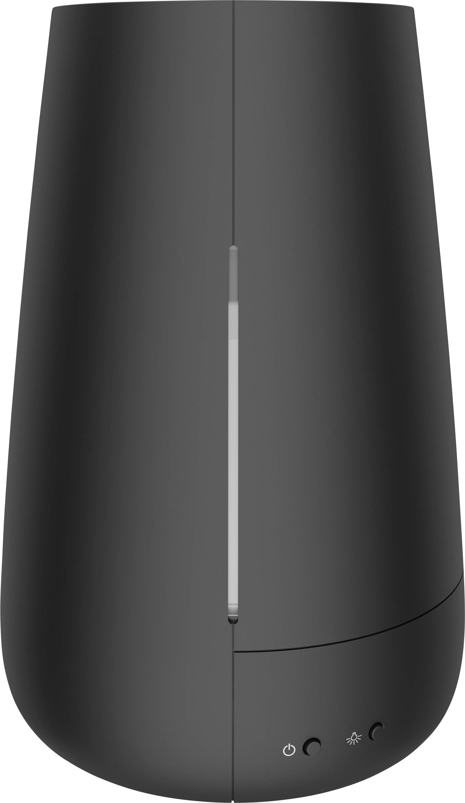 Black, modern, cone-shaped router with a narrow vertical stripe down the middle. Two settings icons located in the bottom right corner.