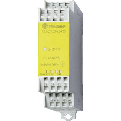 'Relay module Finder 7S.16.9.024.0420, UN 24V, 6A 250V~, EN 50205 Type A, Manufactured in EU-01, C45' with yellow label and terminals.
