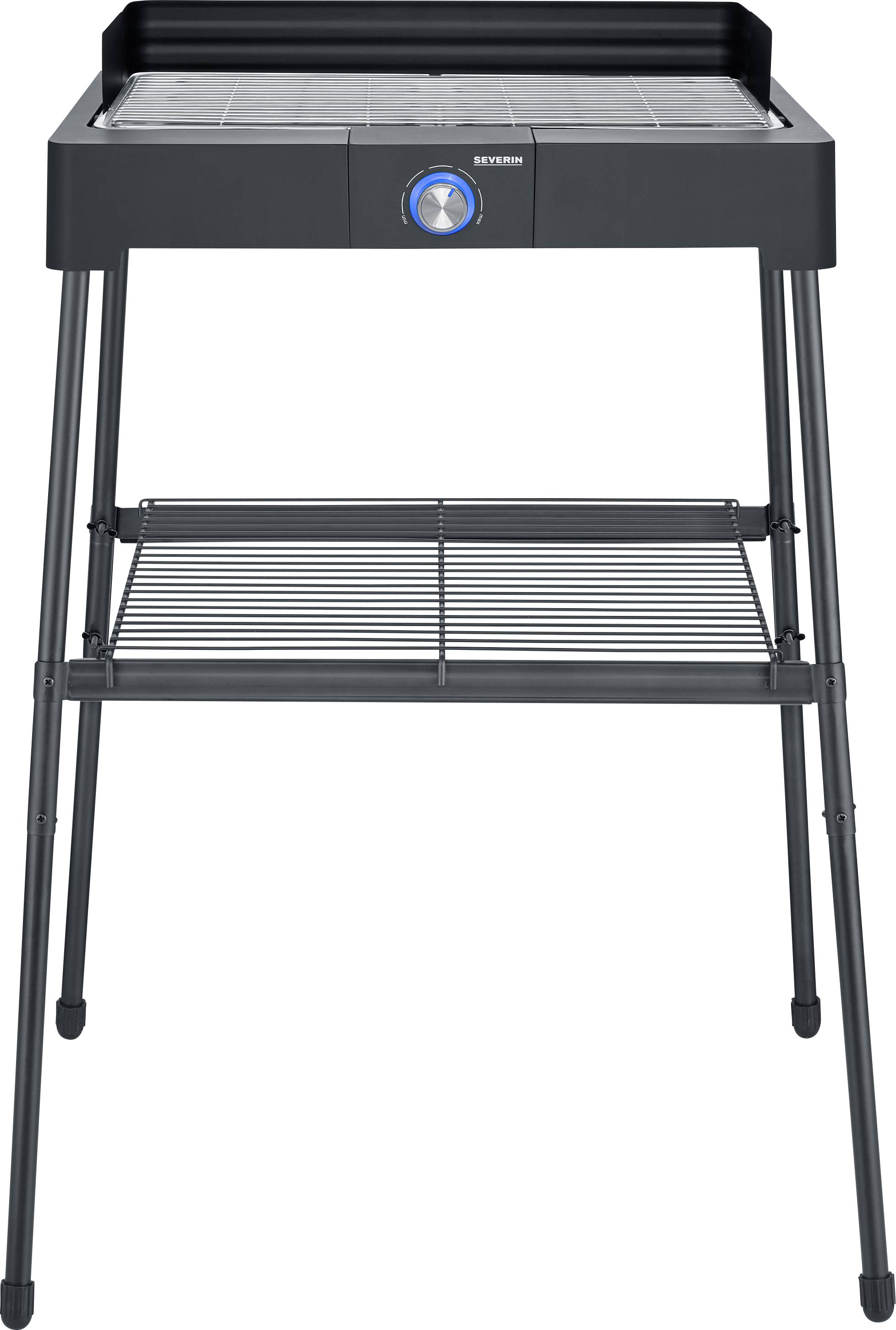 Electric grill with a black frame, a chrome-plated cooking grate, and a blue temperature control dial on the front.