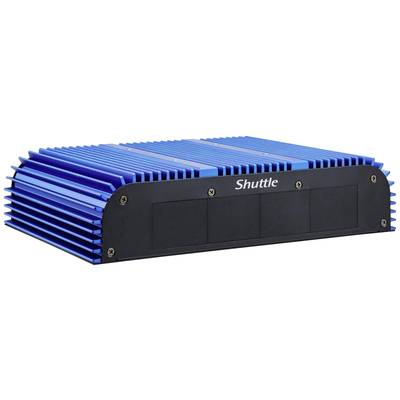 A black mini PC with blue cooling fins, marked with the 'Shuttle' lettering, suitable for use in industrial environments.