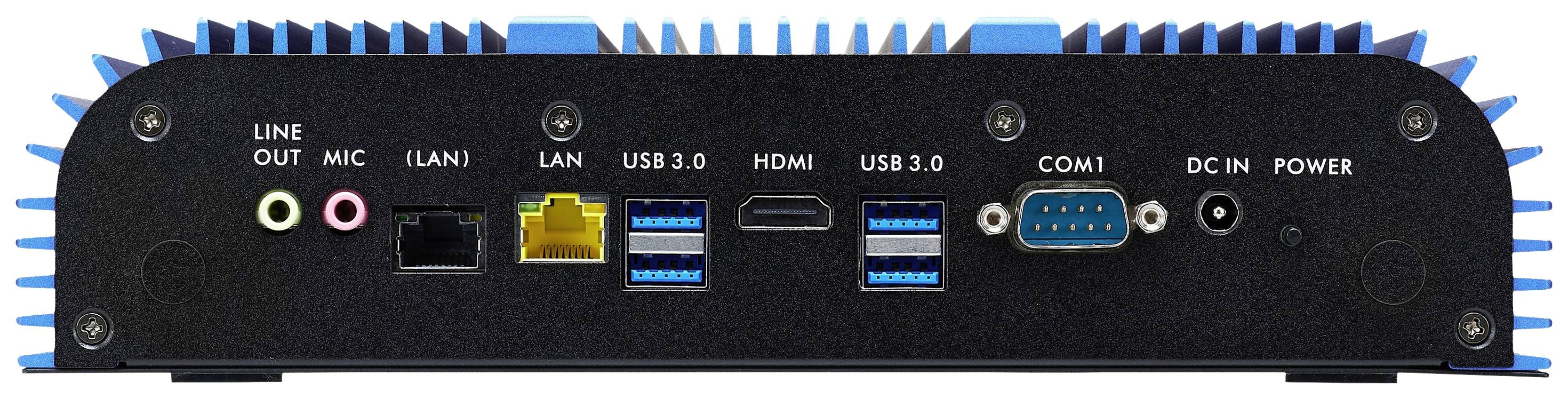 Device with connections: Line-Out, Microphone, LAN, 4x USB 3.0, HDMI, COM1, DC-IN, Power. Primarily for connection purposes.