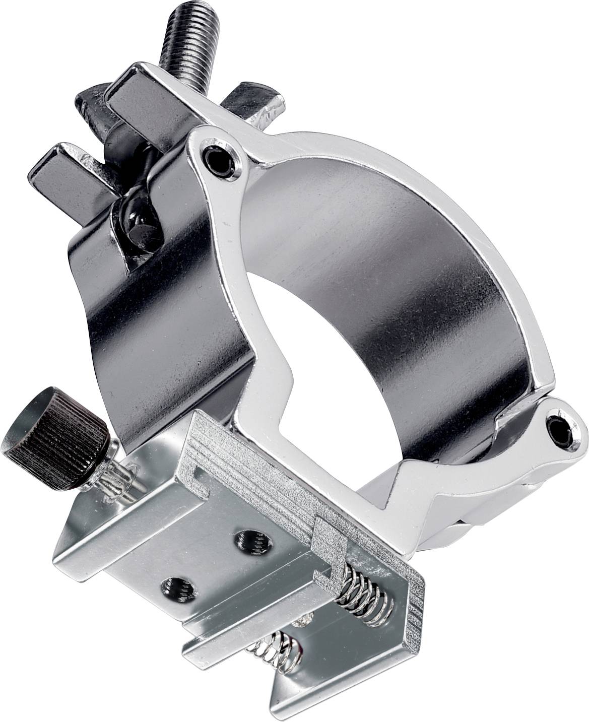 Metal pipe clamp with screw fastening, suitable for securing cylindrical objects such as rods or pipes.