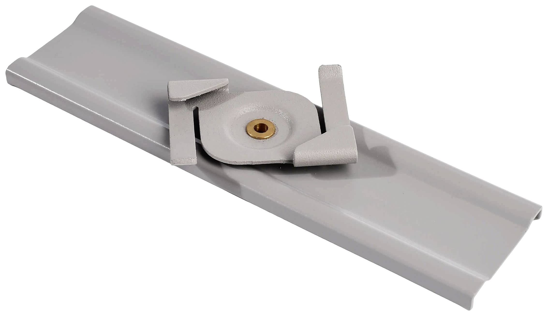 Grey fixing element for corrugated metal roofs with a central screw hole, mounted on a suitably shaped metal strip.