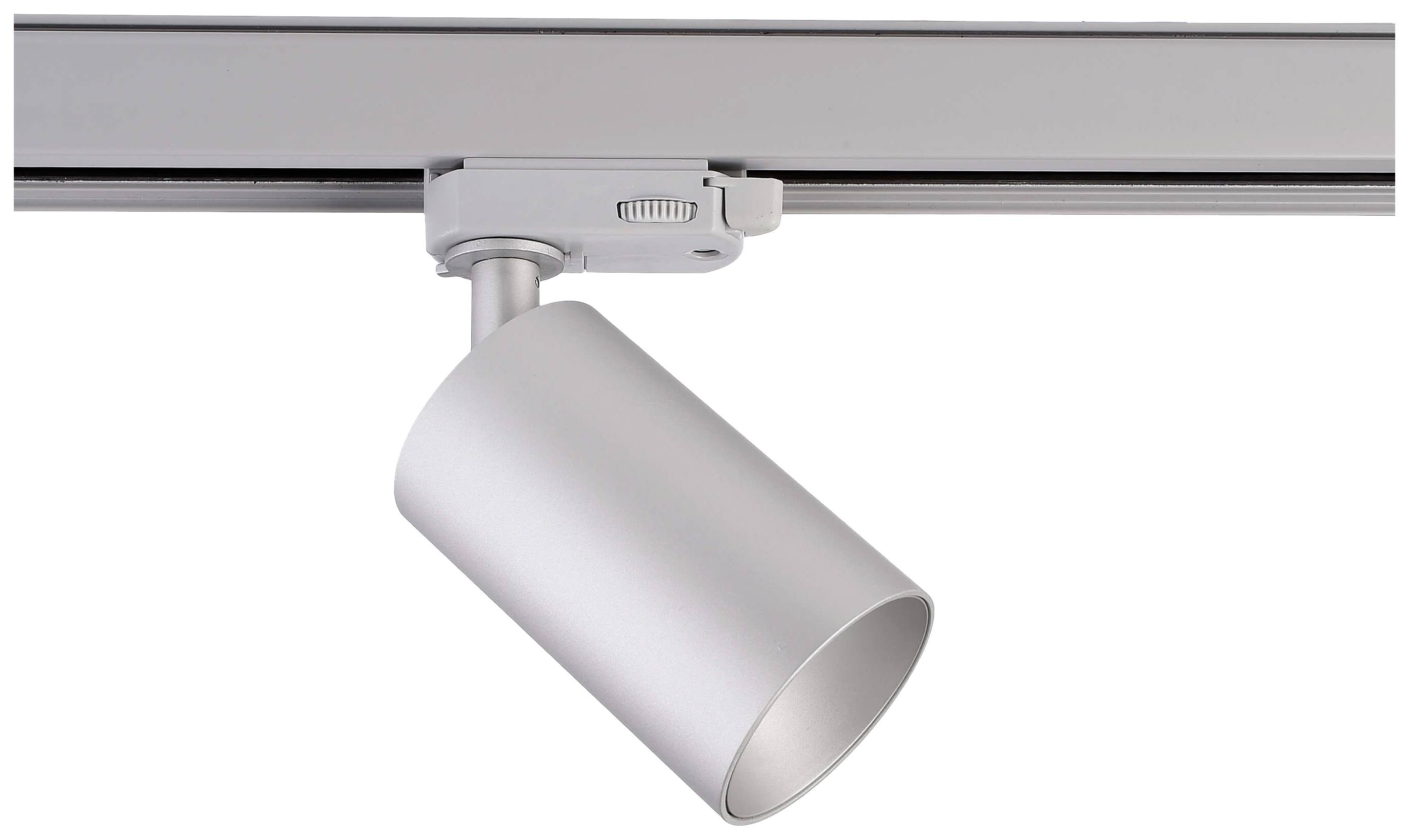 Pivoting LED spotlight in silver, mounted on a ceiling, suitable for flexible lighting in living or working areas.