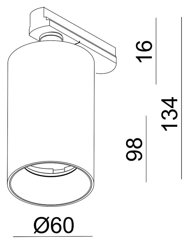 Cylindrical Ceiling Light, Dimensions: Diameter 60 mm, Height 134 mm; Ceiling Mount Height 16 mm, Lamp Body Height 98 mm.