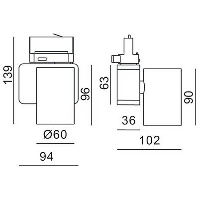 Technical drawing of a device with dimensions: Height 139 mm, Width 94 mm, Depth 102 mm. Components: Cylinder (Ø60 mm), valve on top.