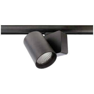 A black spotlight on a track, precisely illuminating an area. Ideal for accent lighting in interior spaces.